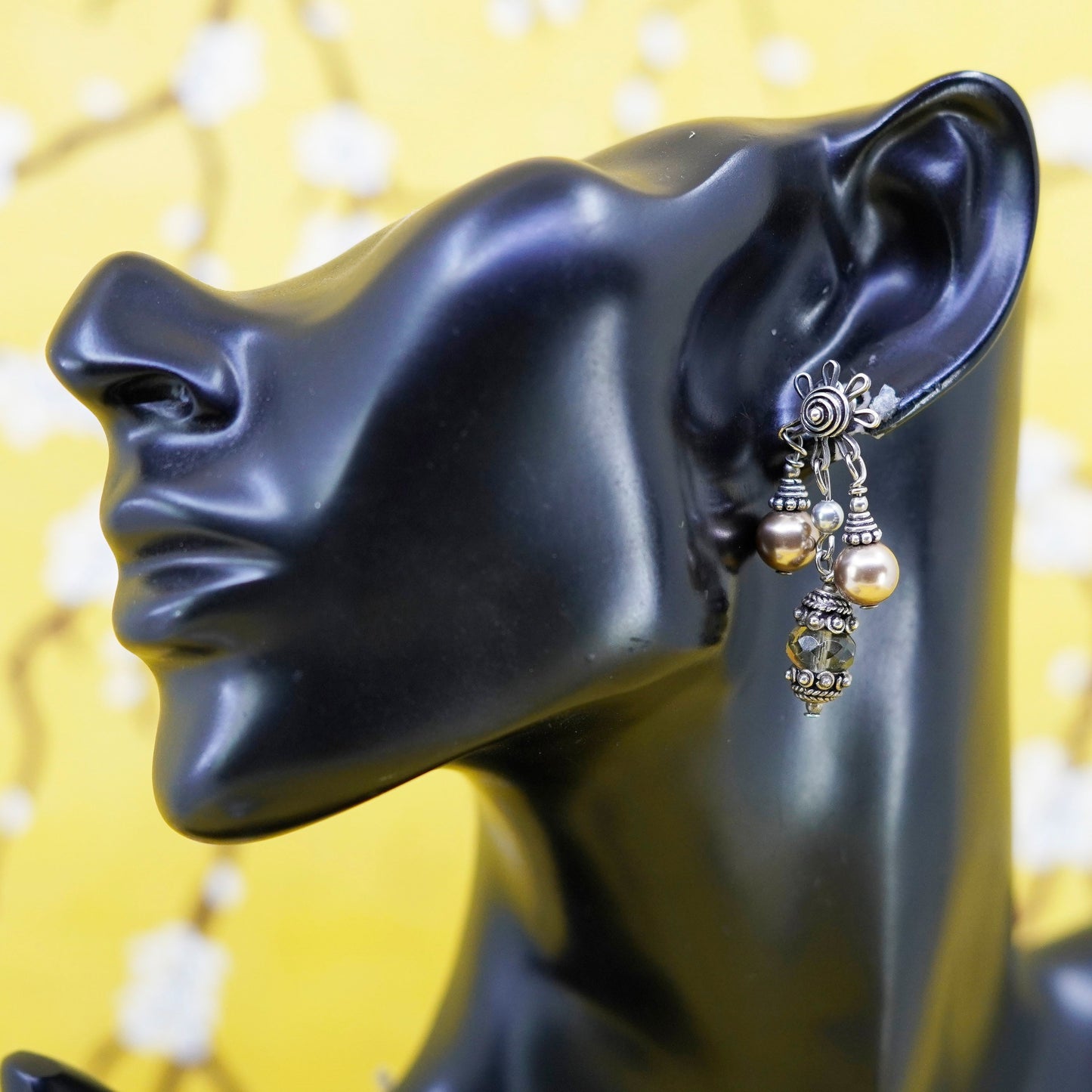 Sterling 925 silver handmade earrings with crystal and pearl details, dangle