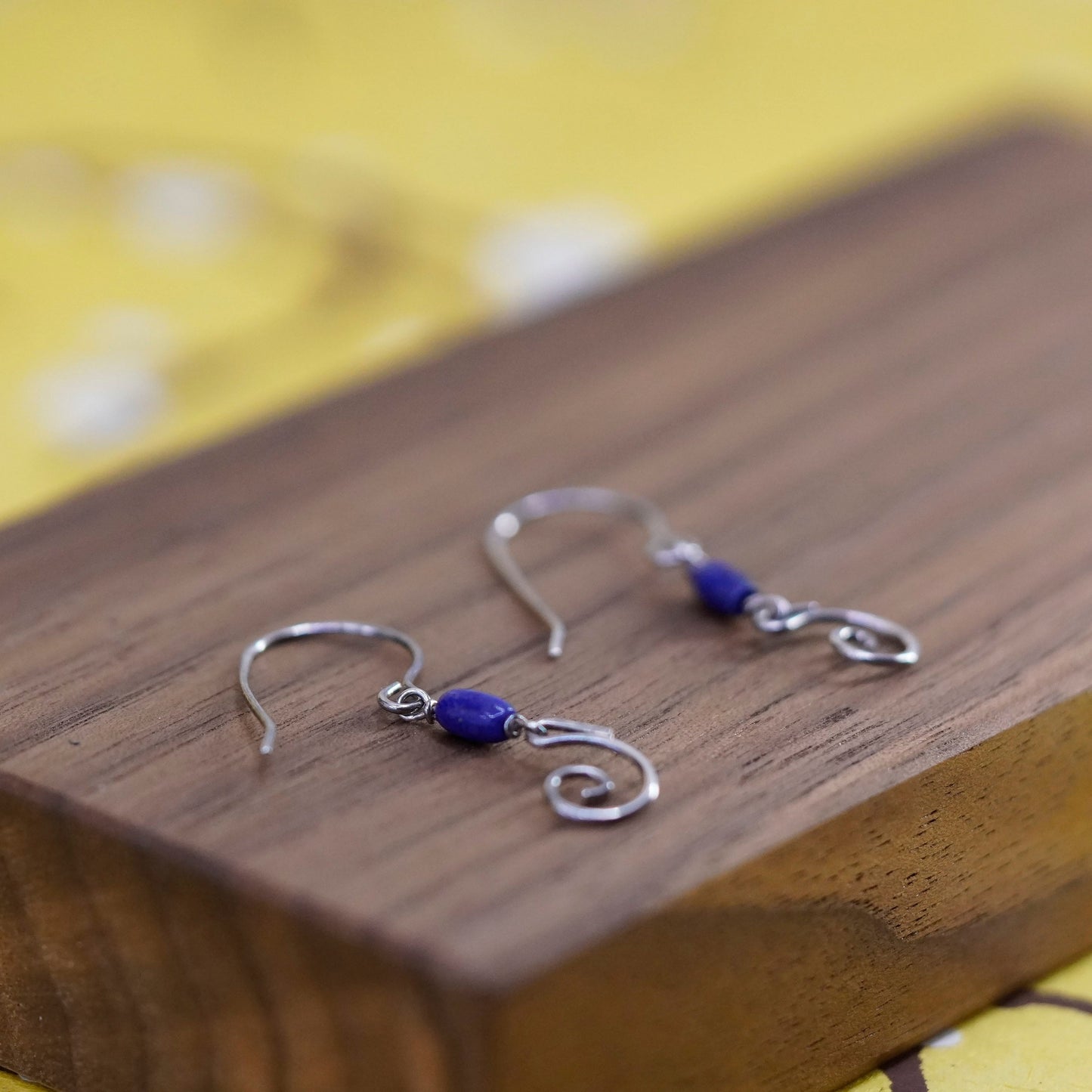 Vintage sterling silver handmade earrings, 925 swirly drops with lapis