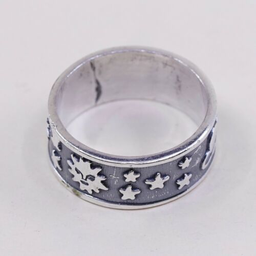Sz 10, Mexico Sterling Silver Handmade Ring 925 Band Universe Moon Shooting Star