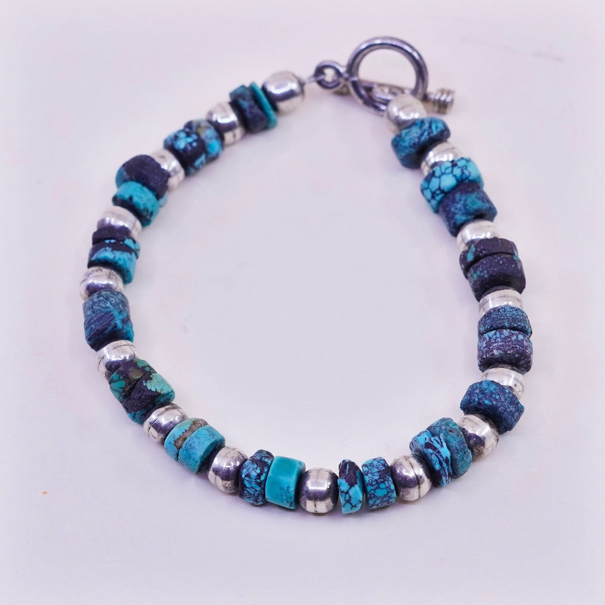 7”, Native American Sterling 925 silver heishi bracelet spiderweb turquoise