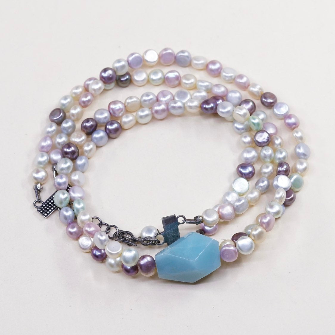 16”+1”, vtg Sterling 925 silver chain with pearl beads N nugget Larimar pendant