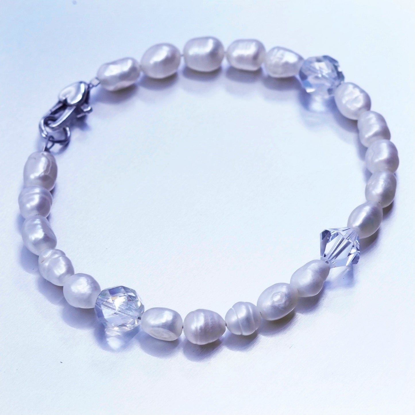 7.25”, vintage Sterling 925 silver bracelet with freshwater pearl and crystal