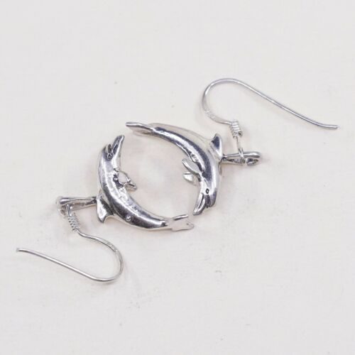 Vintage Sterling 925 Silver Handmade Dolphin Fish dangle earrings, Stamped 925