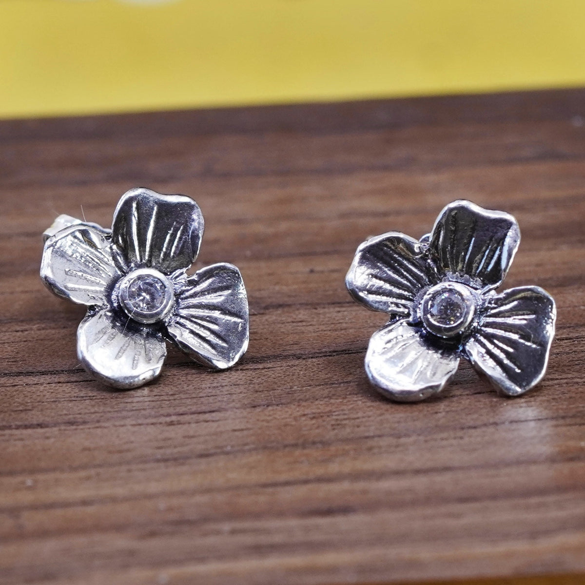 Vintage Sterling 925 silver handmade studs, flower earrings with cz