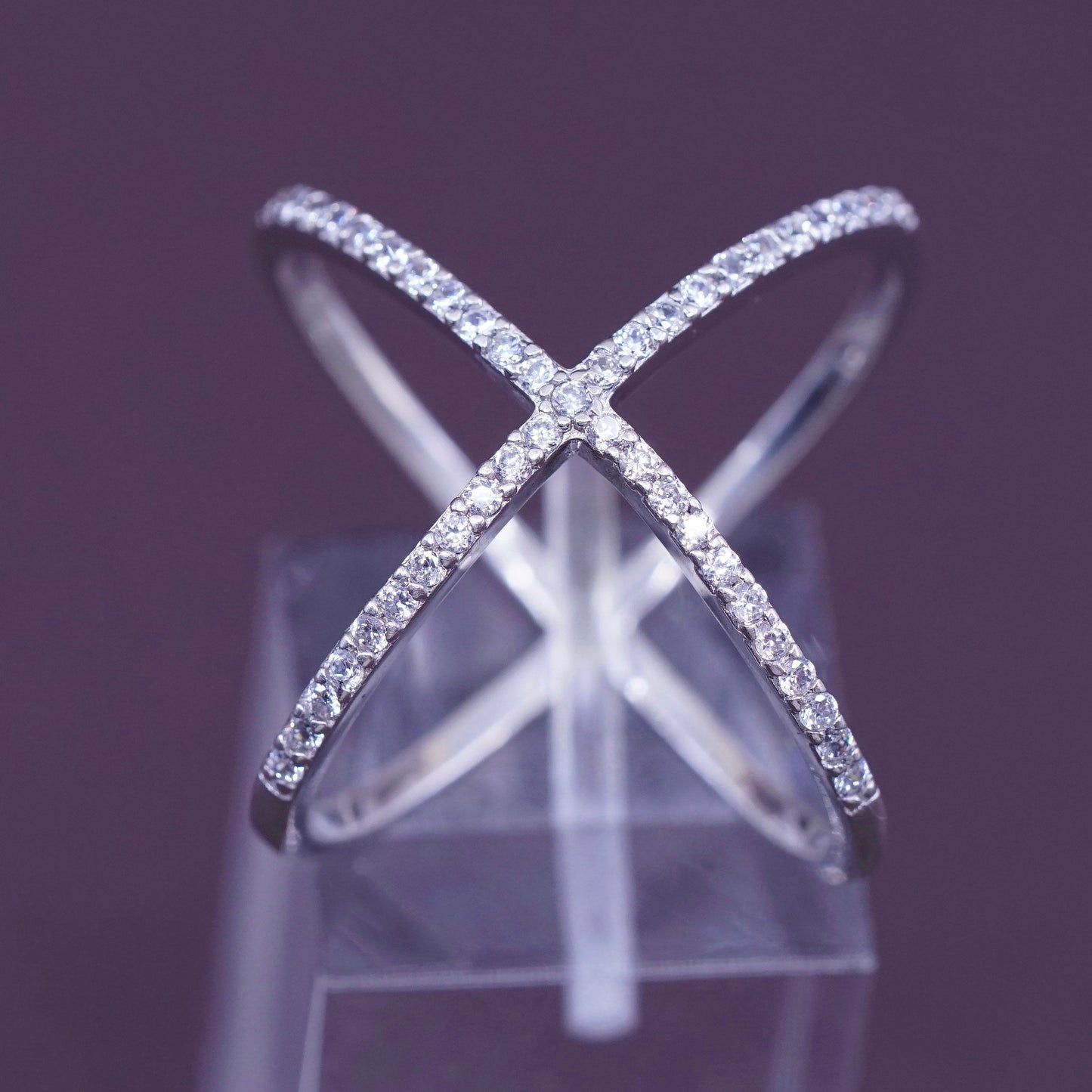 Size 7.25, vintage Sterling silver handmade ring, 925 cross band with cz