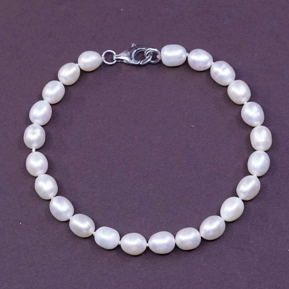 7.75”, vtg Sterling silver handmade bracelet, pearl beads chain w/ 925 clasp