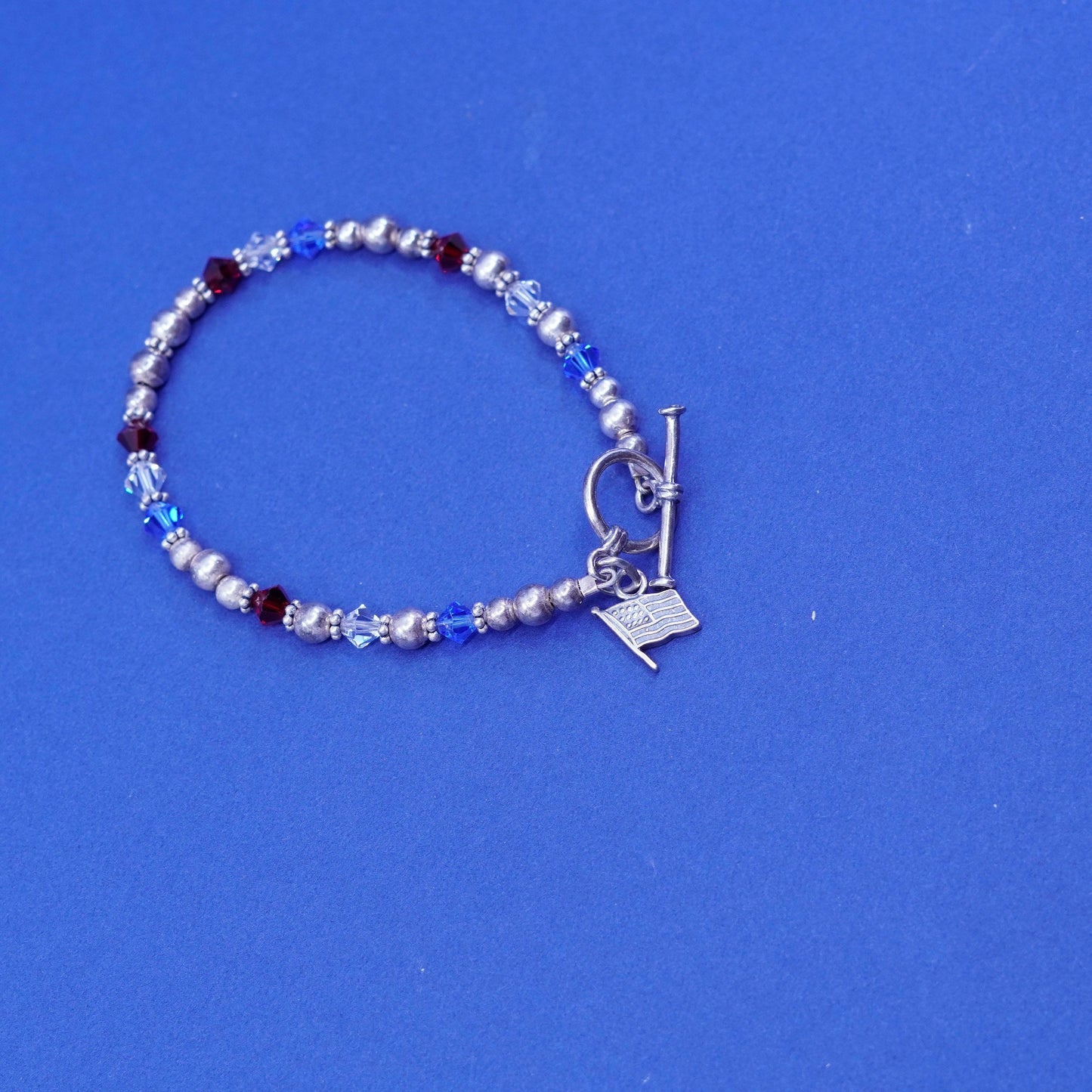 7”, sterling 925 silver handmade beads bracelet w/ crystal American flag charm