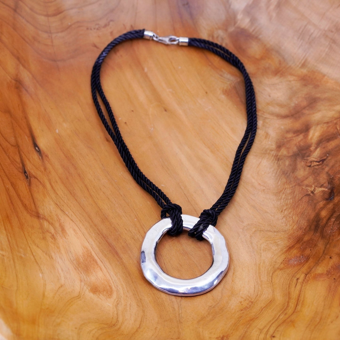 16”, vtg Sterling 925 silver circle pendant with black silk rope chain necklace