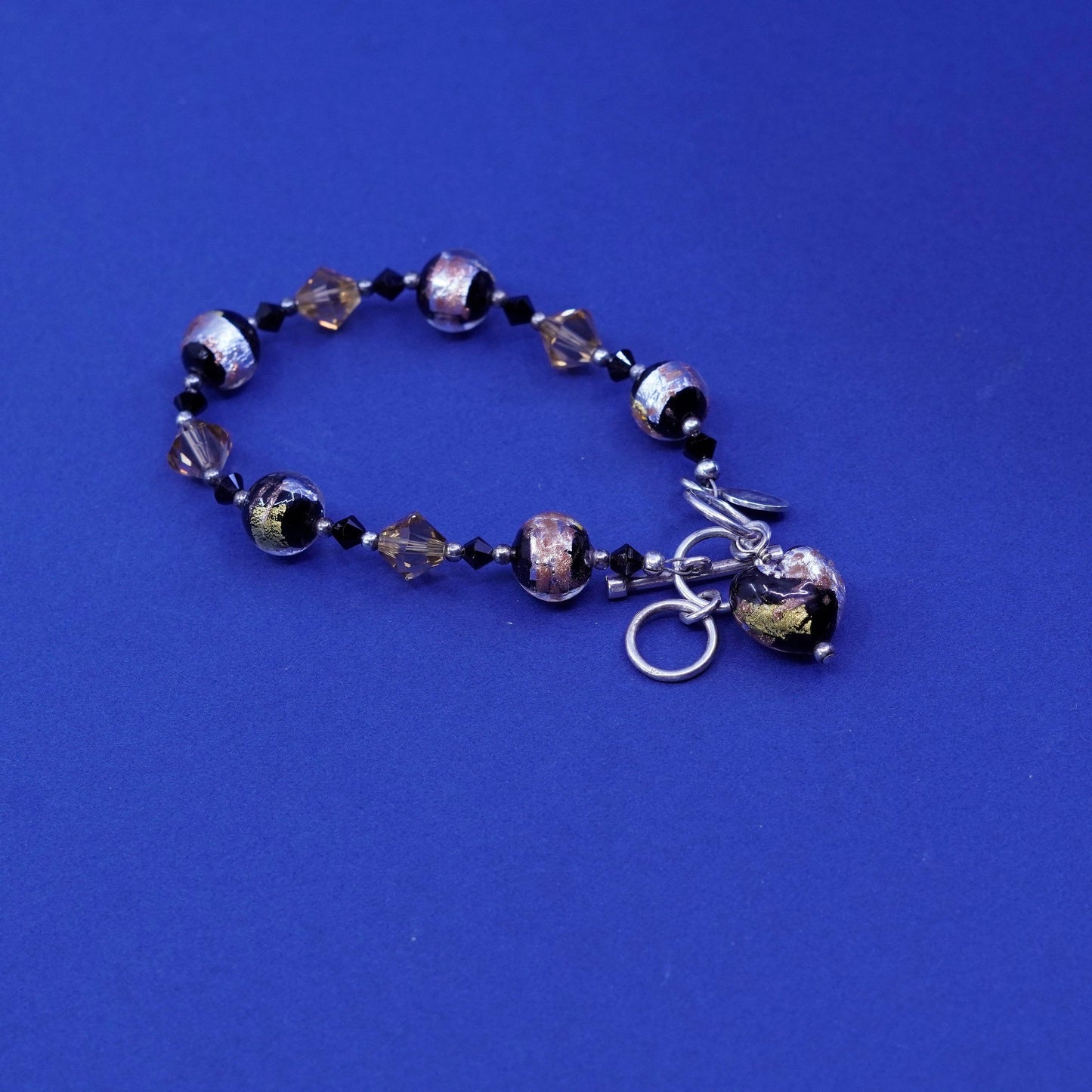 7+1”, lucky clover sterling 925 silver bracelet foiled glass beads heart charm