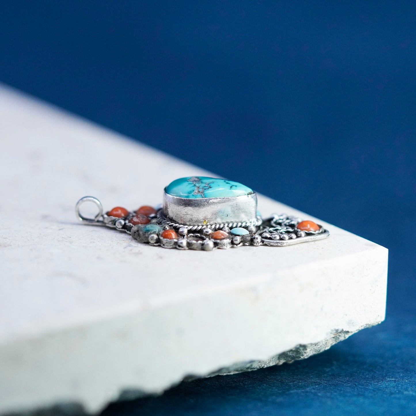 Native American sterling silver 925 handmade pendant with turquoise coral beads
