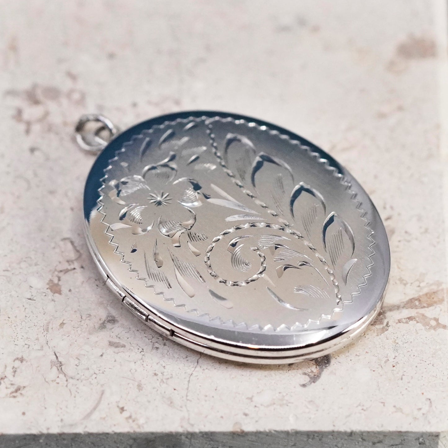 Vintage Sterling silver handmade pendant, floral textured 925 oval photo locket