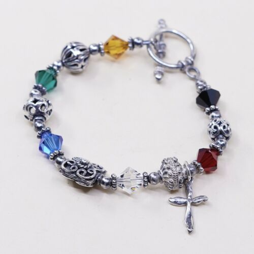 6”, Vtg Sterling Silver Handmade Bracelet 925 Bali W/ Swarovski Crystal Beads