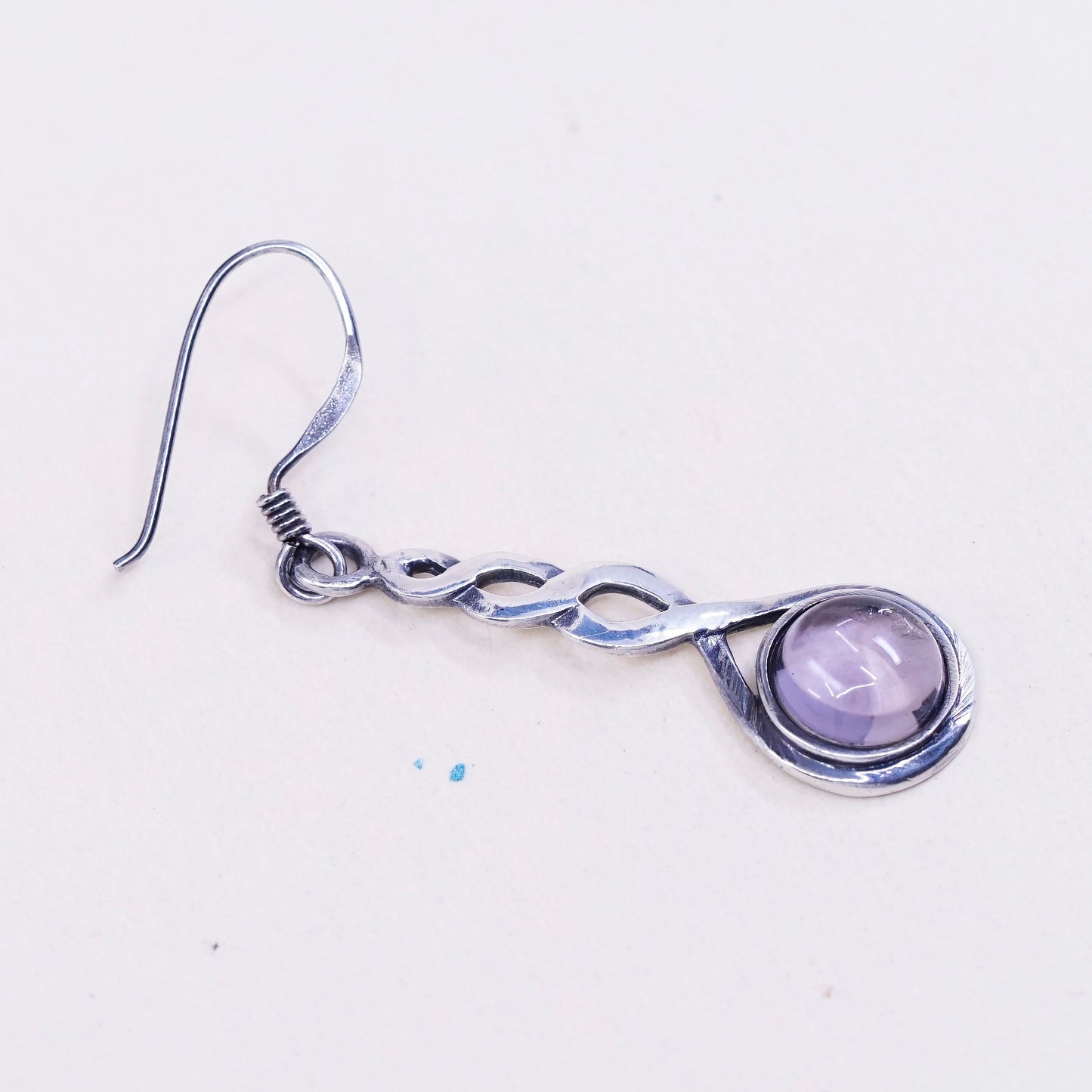 Vintage sterling silver handmade earrings, 925 twisted drops with amethyst