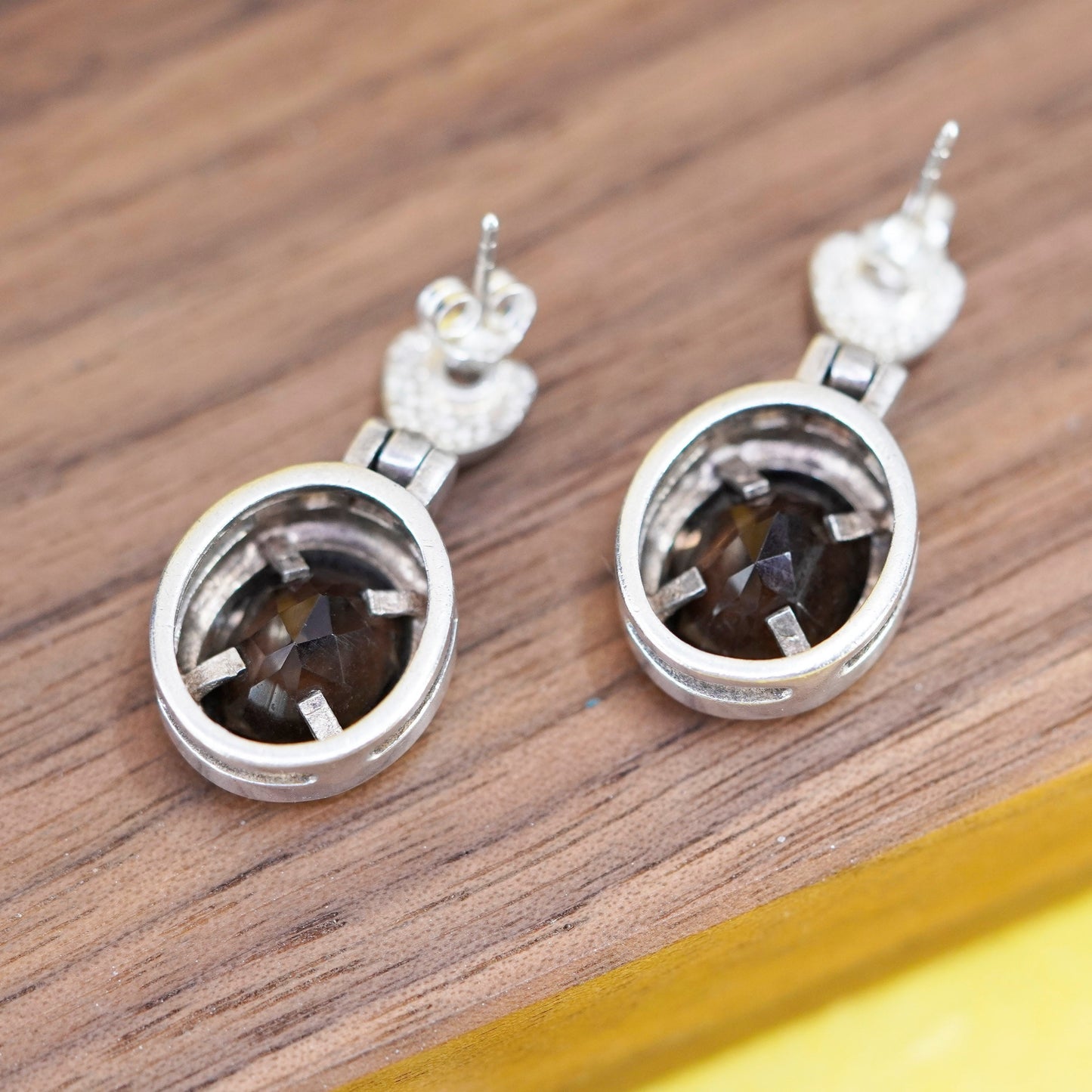 Vintage Sterling 925 silver handmade earrings with oval smoky topaz, dangle