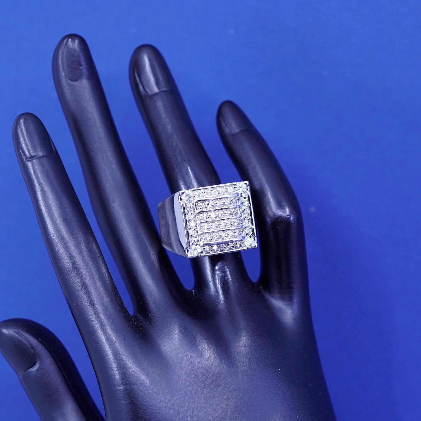 Size 12.25, vintage Sterling 925 silver ring w/ cluster crystal, statement ring