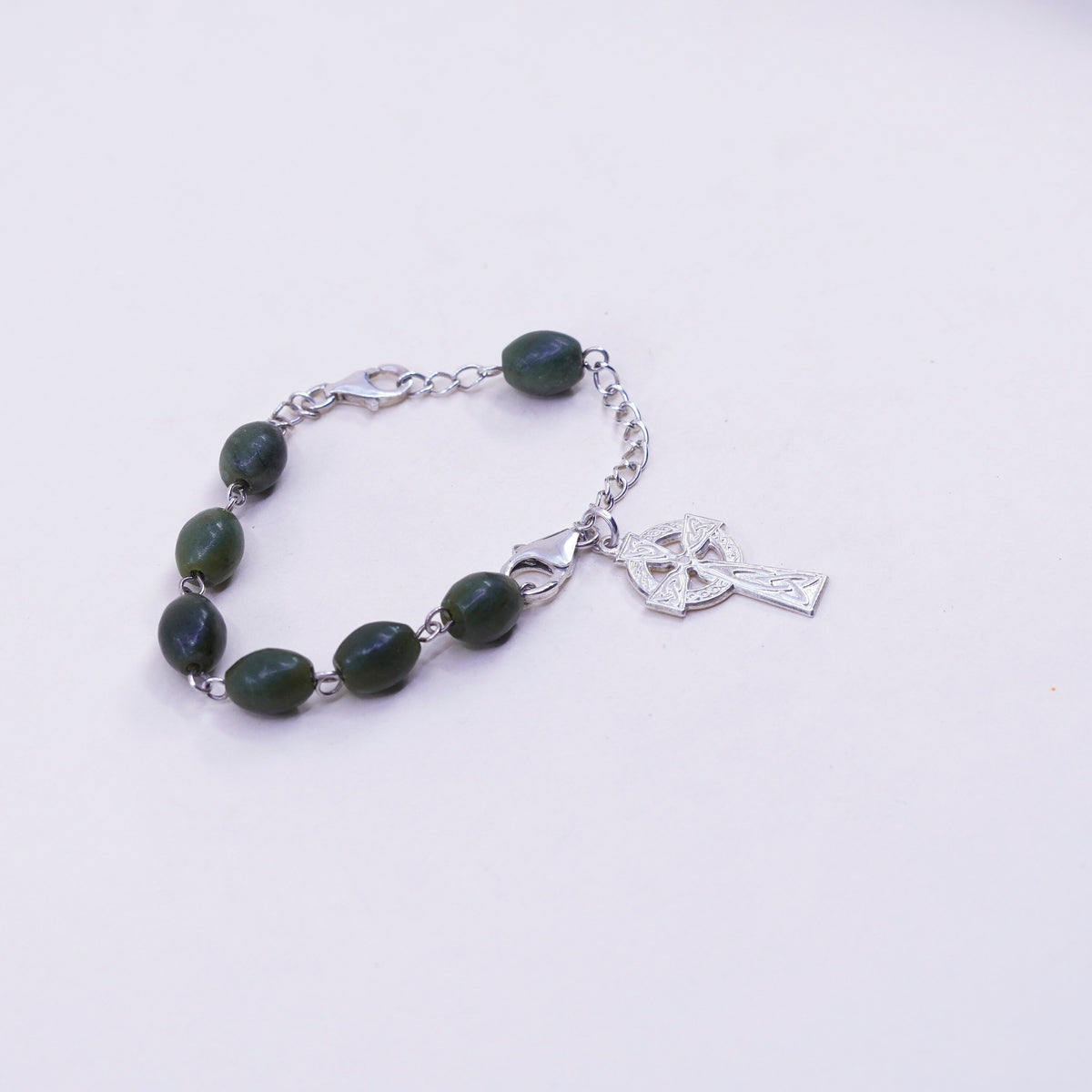 6.25”, vtg sterling silver snake bracelet, 925 chain jade Irish cross charms