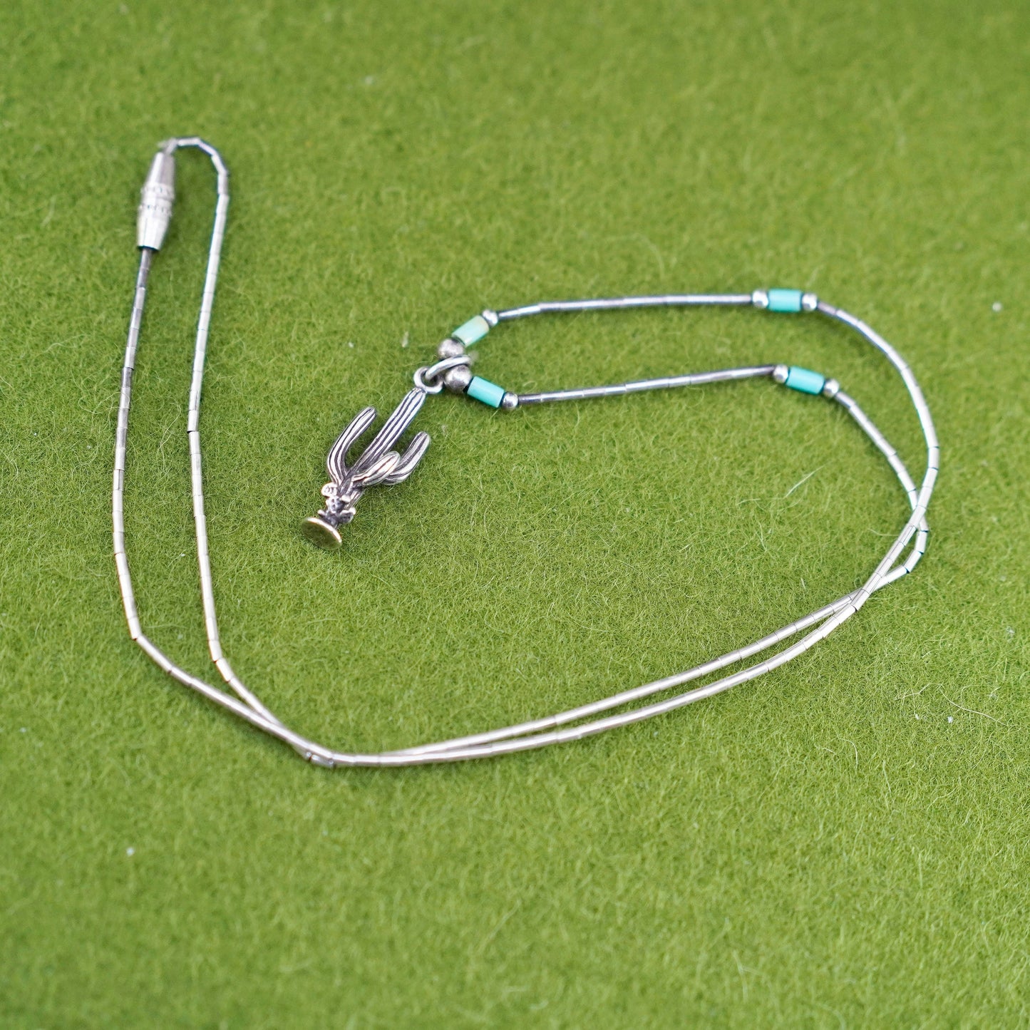 16”, Native American heishi Navajo Sterling necklace, 925 liquid silver cactus