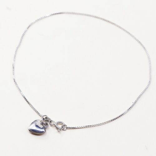 8.75”, 1mm, Vtg Sterling Silver bracelet, 925 Italy Box chain W/ Heart Charm