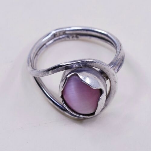 Sz 5.25, Vintage Handmade Sterling Silver Ring W/ Pink Tiger Eye, Stamped 925
