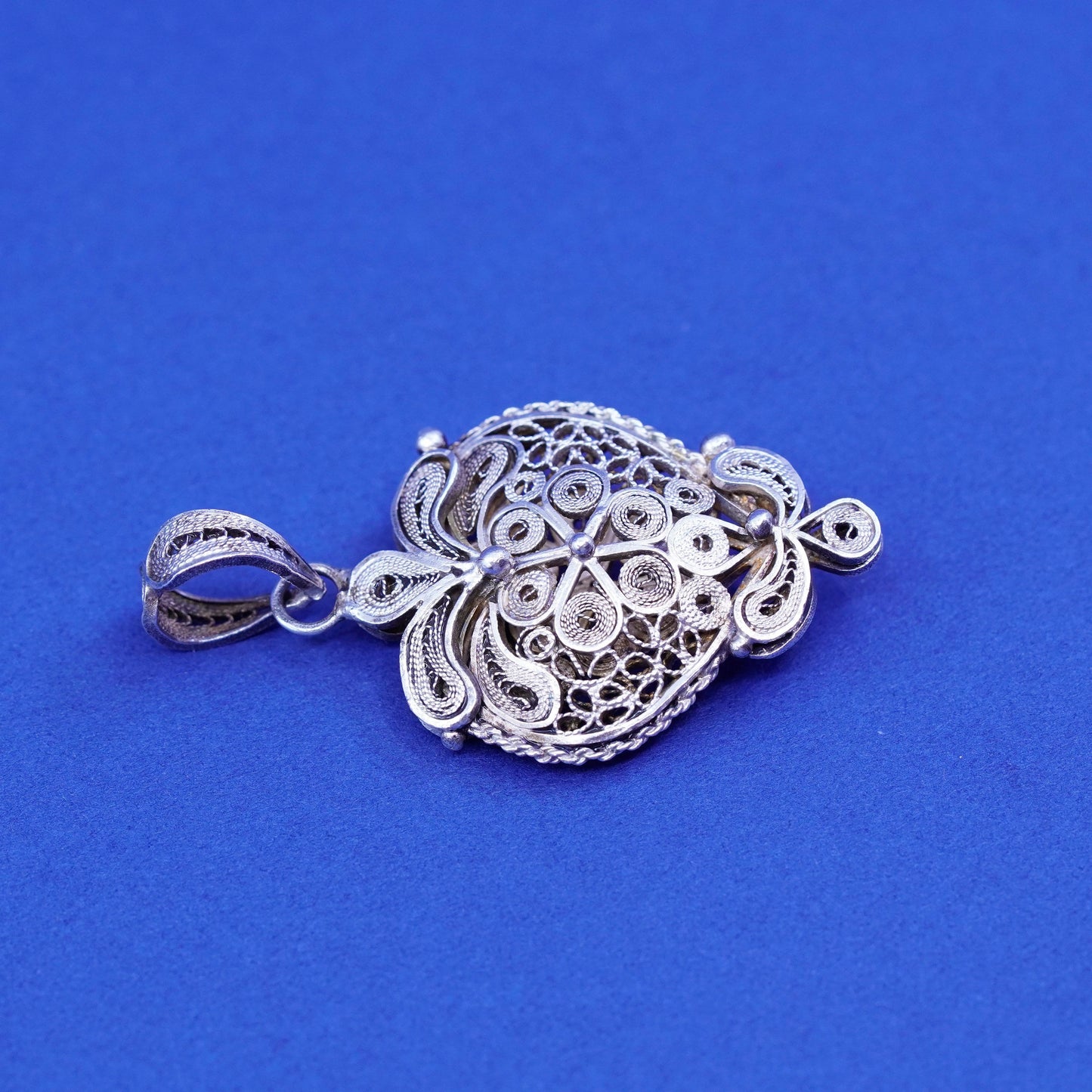 Vintage Sterling silver handmade pendant, puffy 925 filigree heart