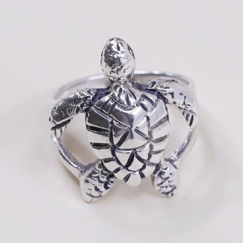 Size 5.75, Mexico Handmade Sterling 925 Silver Sea Turtle Band Ring, Stamped 925