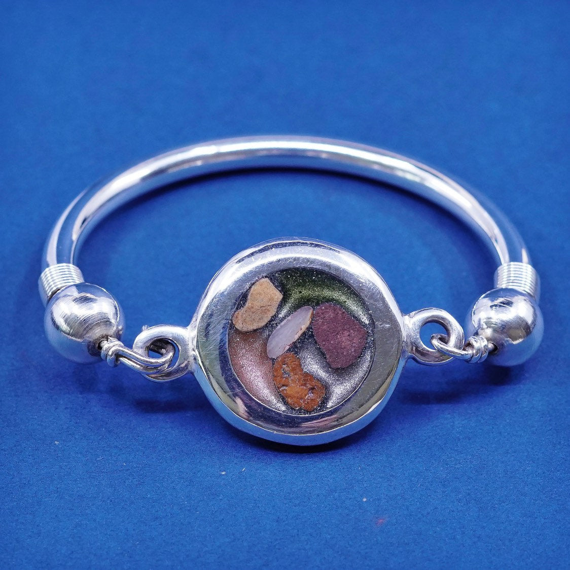 6.5", vtg Sterling silver handmade bracelet, bold 925 hinged bangle w/ resin