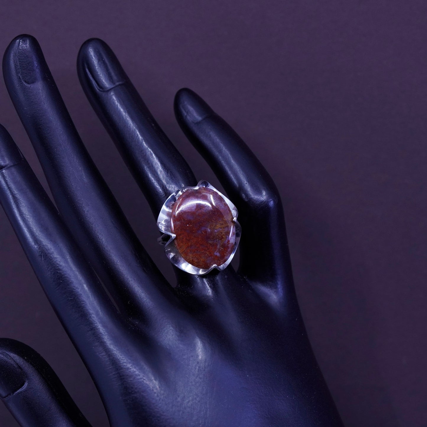 Size 3.5, Sterling 925 silver handmade flower crown ring with dendritic agate