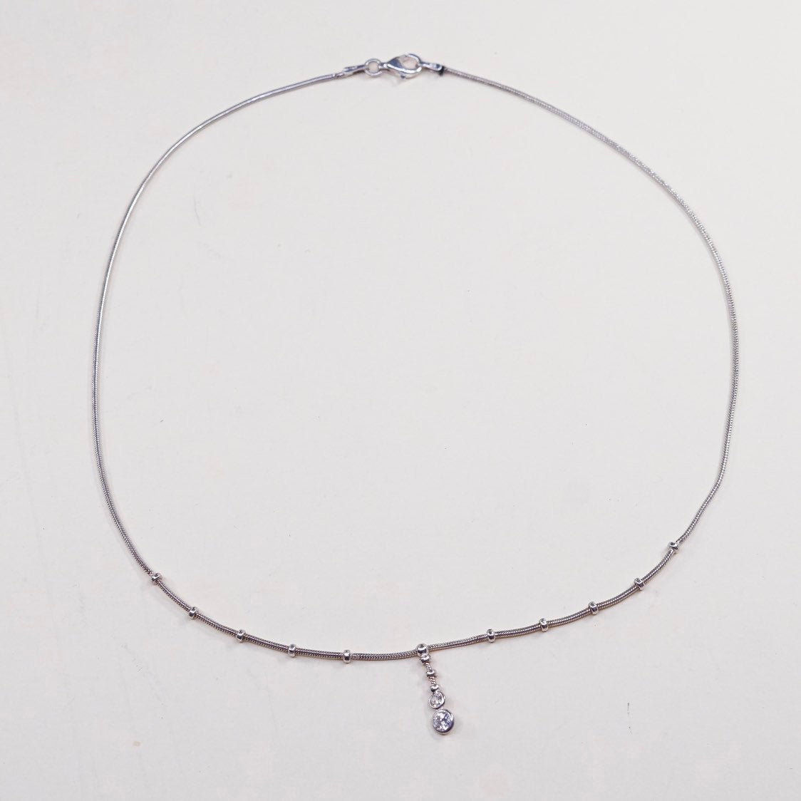 16", 1mm, vtg Sterling silver necklace, Italy 925 snake chain w/ Cz pendant