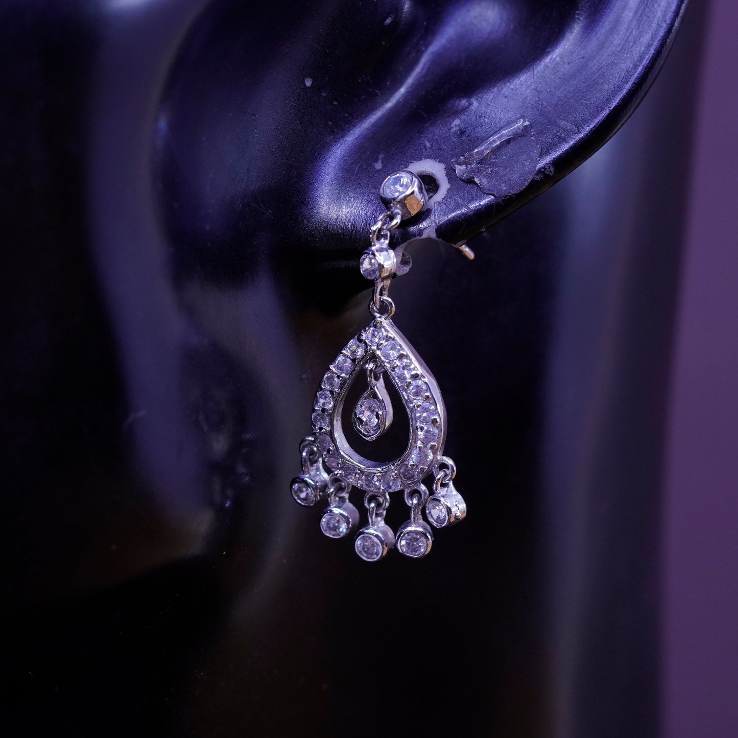 Vintage ATI Sterling silver earrings, 925 teardrops with cluster Cz Around