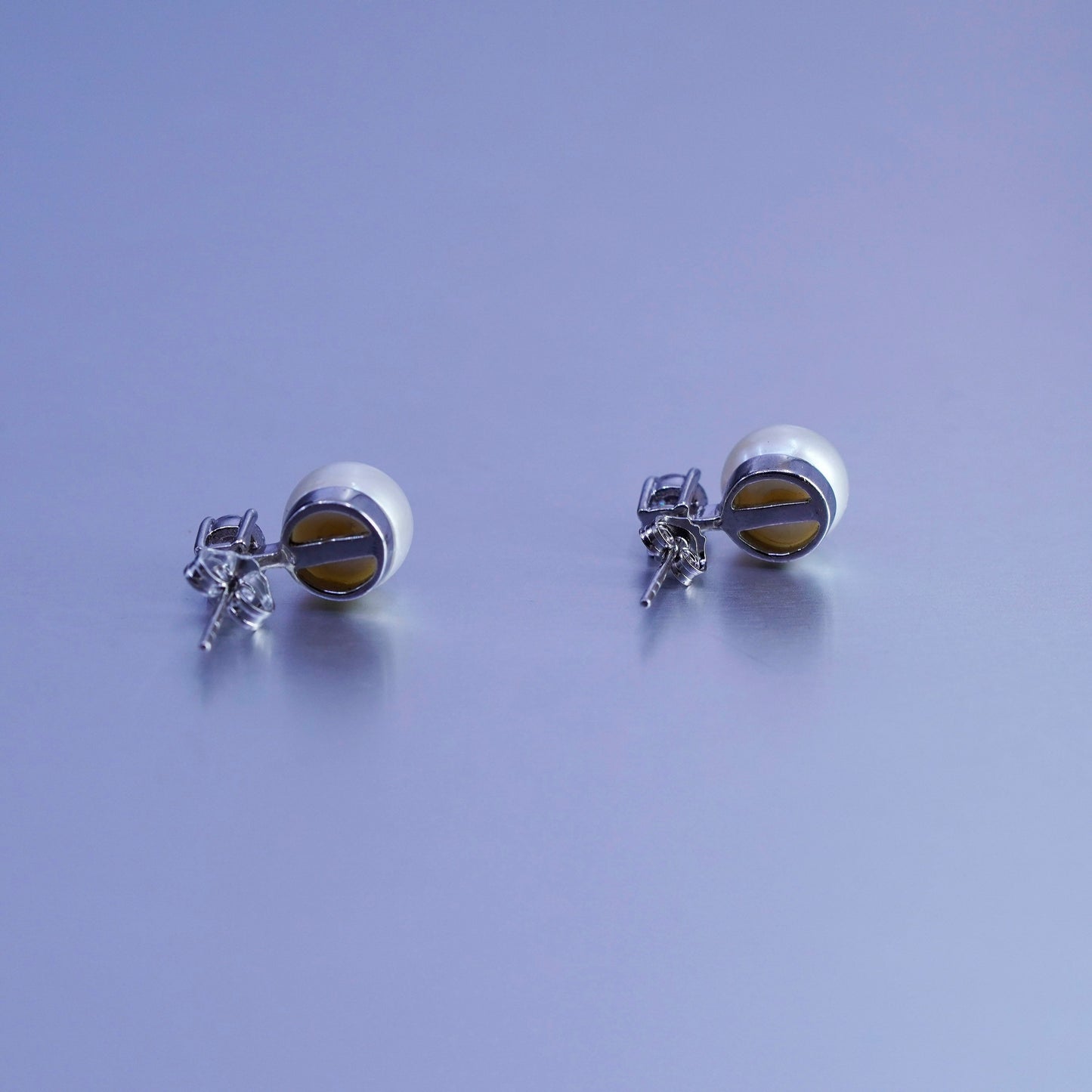 8mm, Vintage Sterling 925 silver handmade earrings, studs with pearl and cz