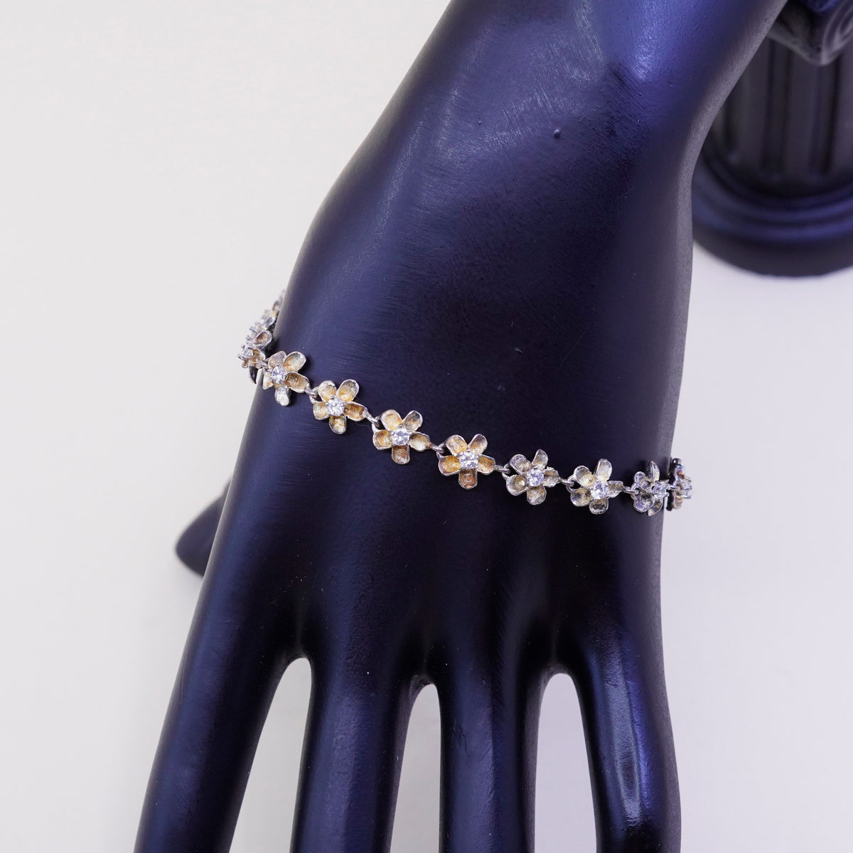 7.5”, Vintage sterling silver bracelet, 925 flowers with Cz, handmade jewelry