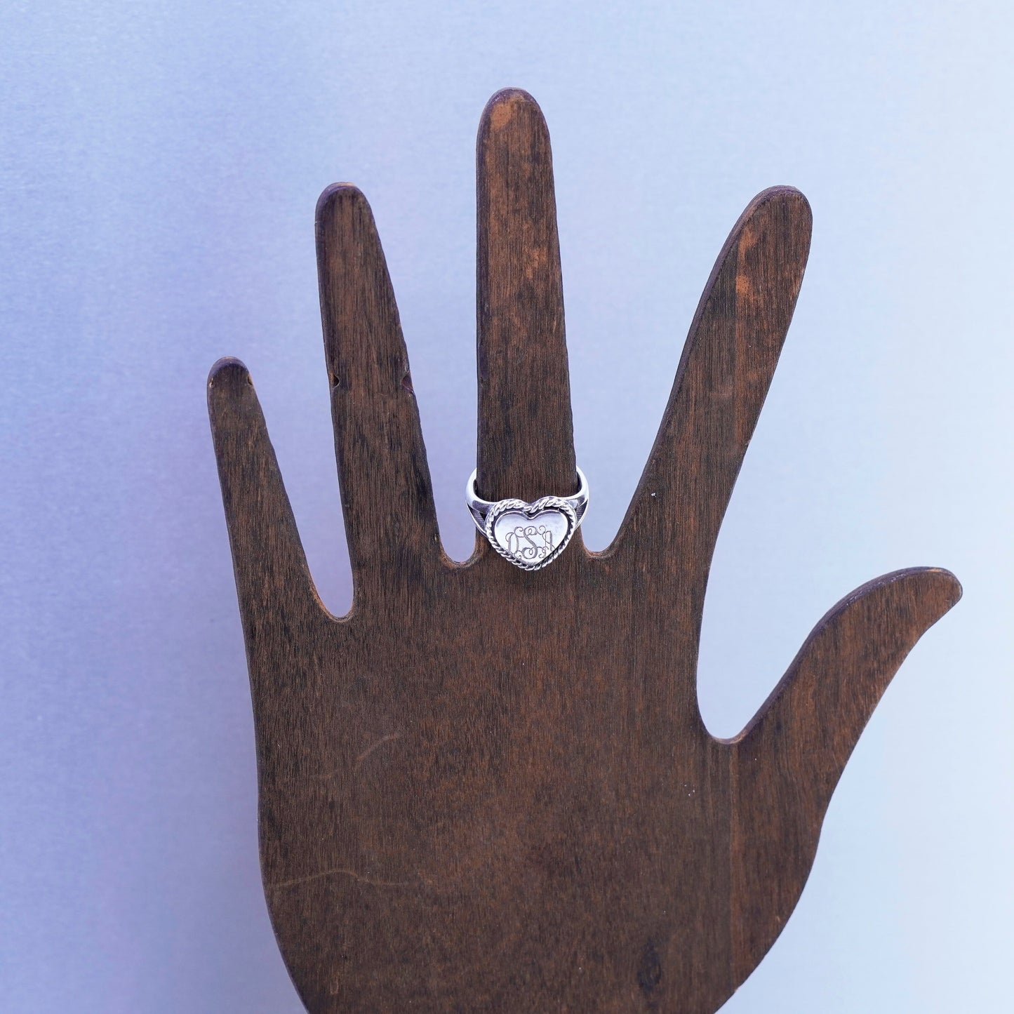 Size 7, Sterling 925 silver handmade heart ring, monogram initial “DSA” band