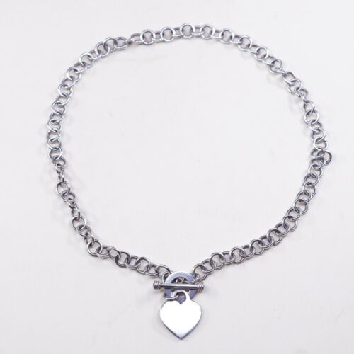 18” 8mm, Vtg 925 Sterling Silver Handmade Bold Circle chain Heart Charm necklace