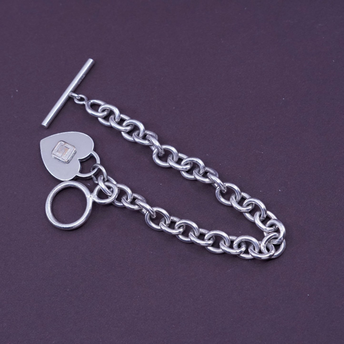 6.75”, terryberry Sterling silver bracelet 925 bold circle chain w/ heart charm
