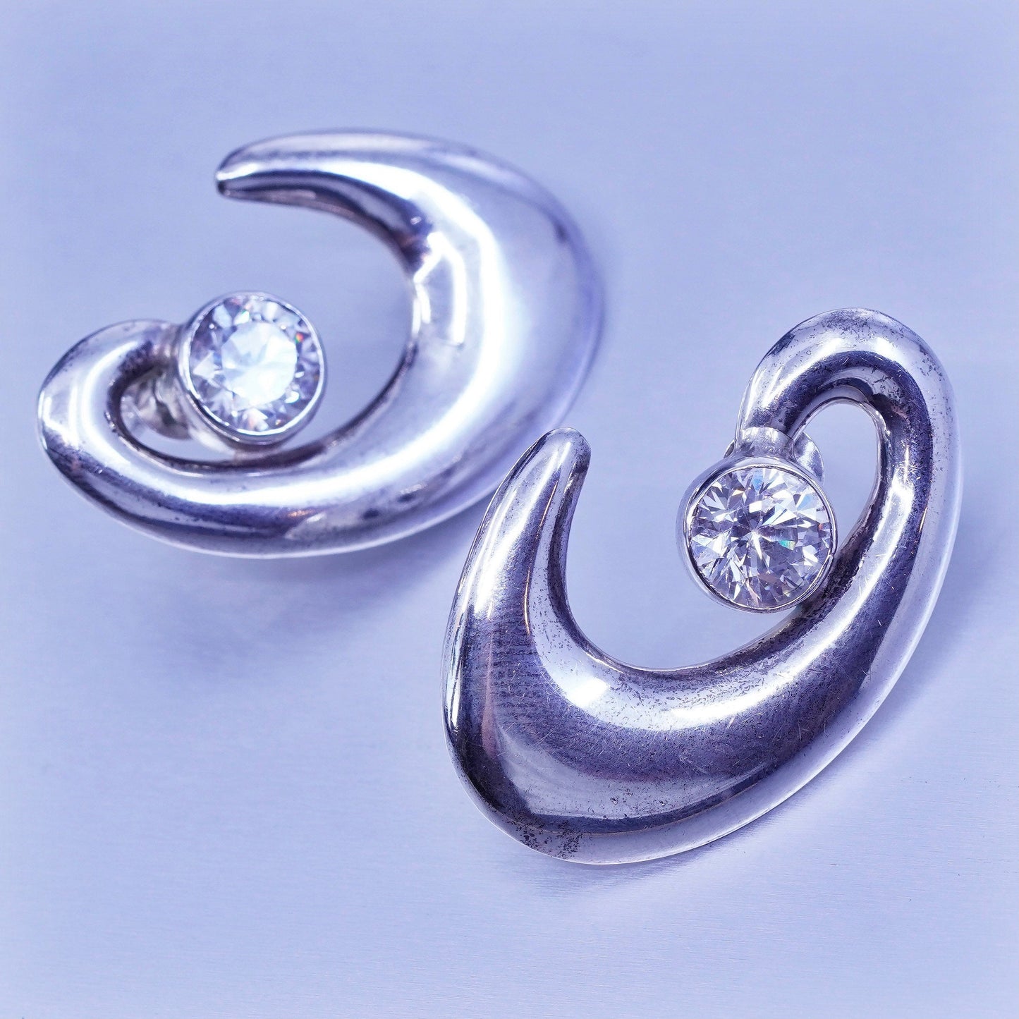 Vintage Sterling 925 silver handmade earrings, swirly studs with Cz inlay