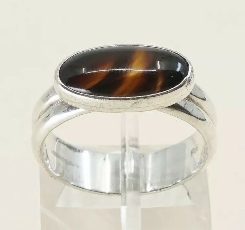 Sz 7, Orangle Amber Oval Cabochon Sterling Silver Solitaire Ring, Stamped 925