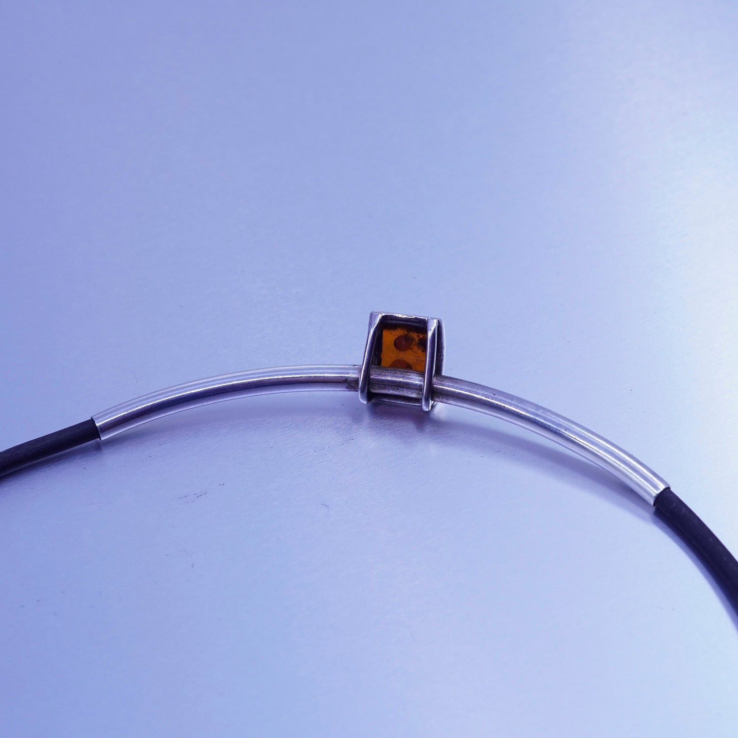18”, vintage 925 Sterling Silver Handmade black Leather Necklace square Amber