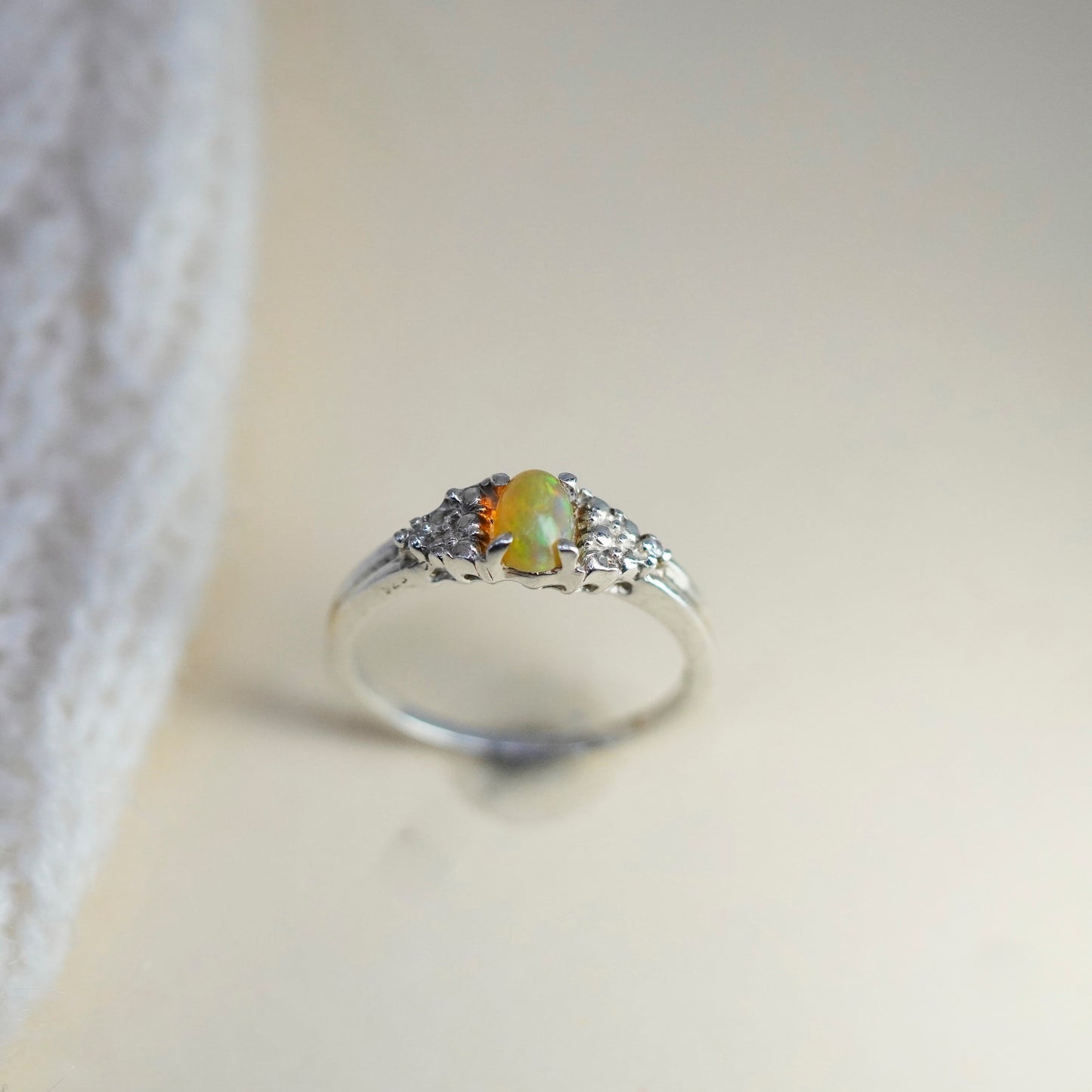 Size 7.25, vintage Sterling 925 silver handmade ring with oval opal and cz