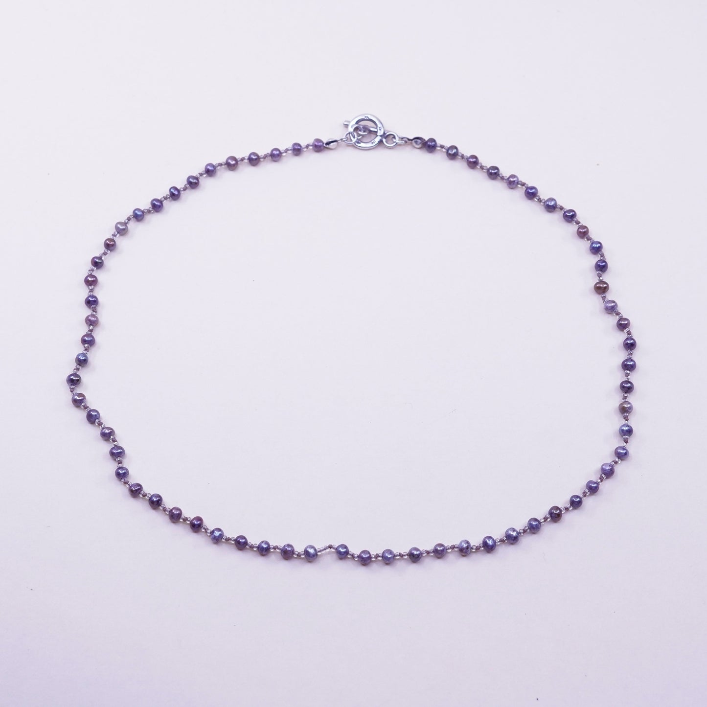 18”, Vintage handmade Sterling silver Circle chain with black pearl beads