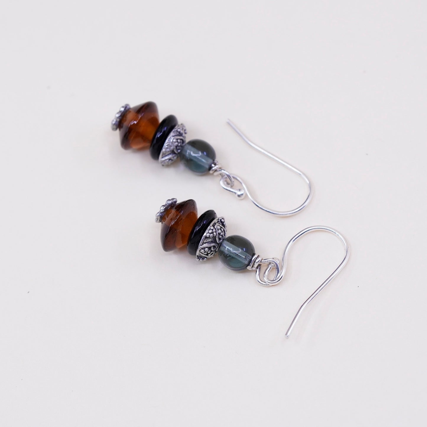Vintage Sterling silver handmade earrings, 925 hook with amber obsidian beads