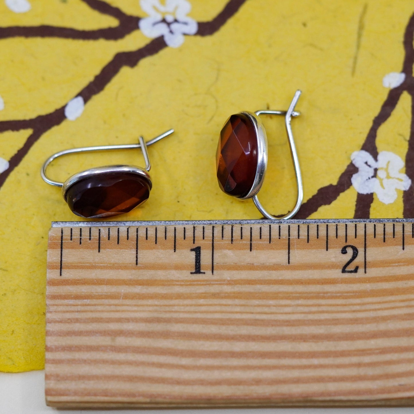 Vintage Sterling 925 silver handmade earrings with oval Amber