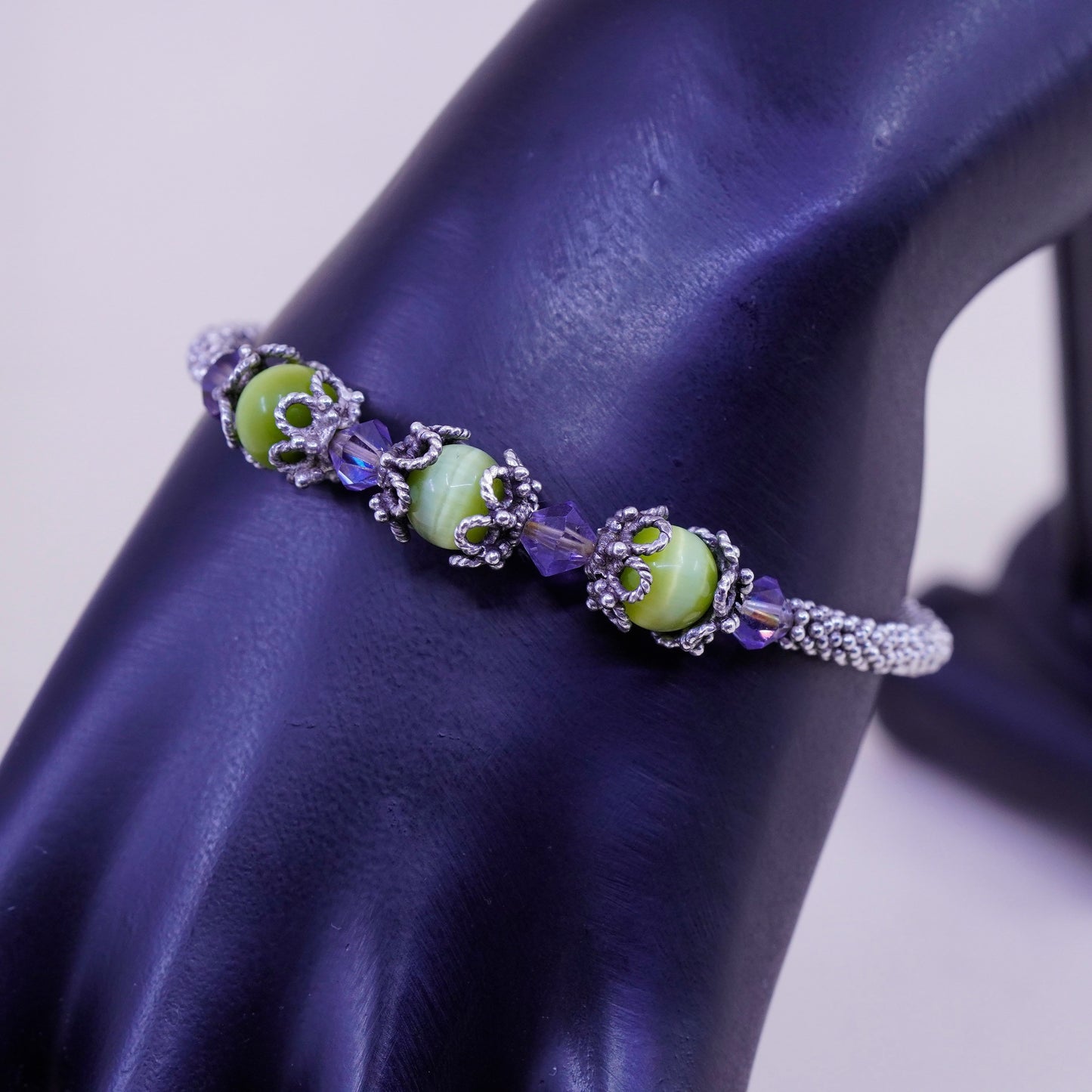 7.75”, sterling silver contemporary handmade bracelet, 925 wrap cuff cats eye