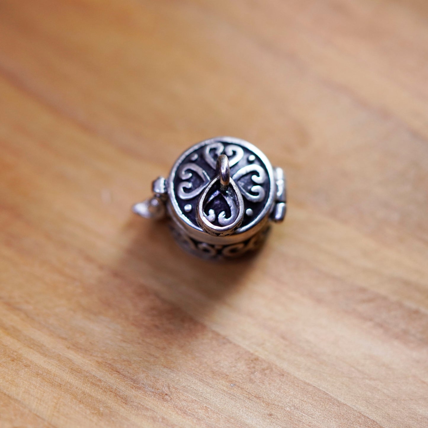 Vintage Sterling silver prayer box pendant, 925 handmade round locket charm