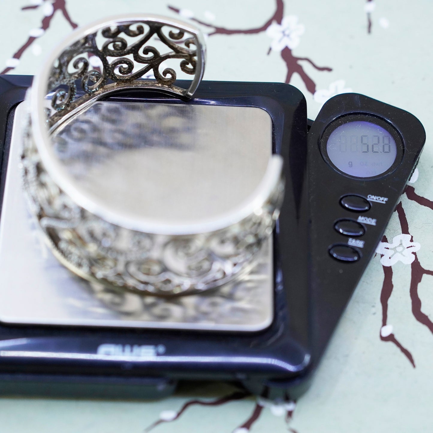 6.75”, southwestern Sterling silver bracelet handmade filigree 925 cuff diamond