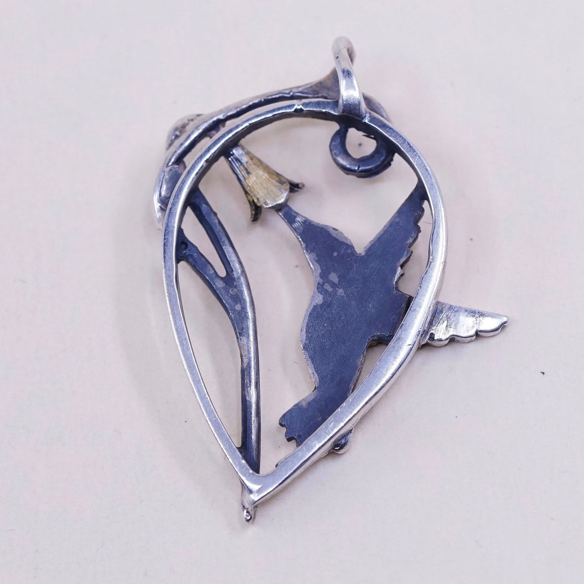 vtg S Tusse Sterling 925 silver pendant, hummingbird with flower and enamel