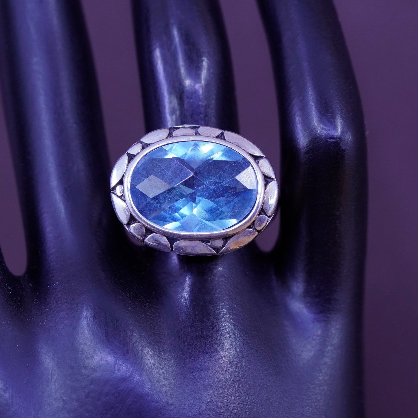 Size 7.5, vintage Sterling 925 silver handmade ring with oval topaz and pebble