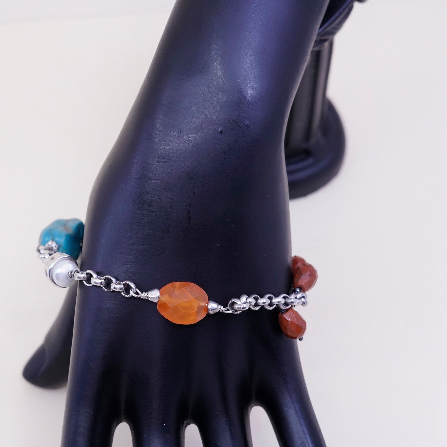 7.5”, Sterling 925 silver circle chain bracelet w/ turquoise carnelian N pearl