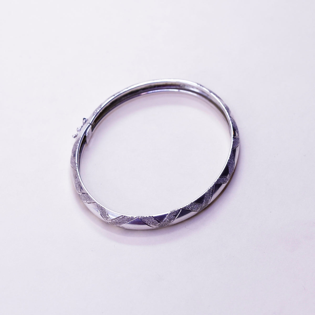 7.5”, vtg sterling silver handmade bracelet, cross textured 925 hinged bangle