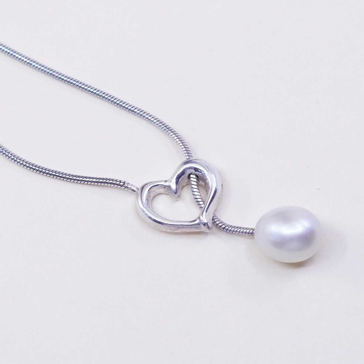 21”, sterling 925 silver necklace, white pearl heart pendant snake silver chain