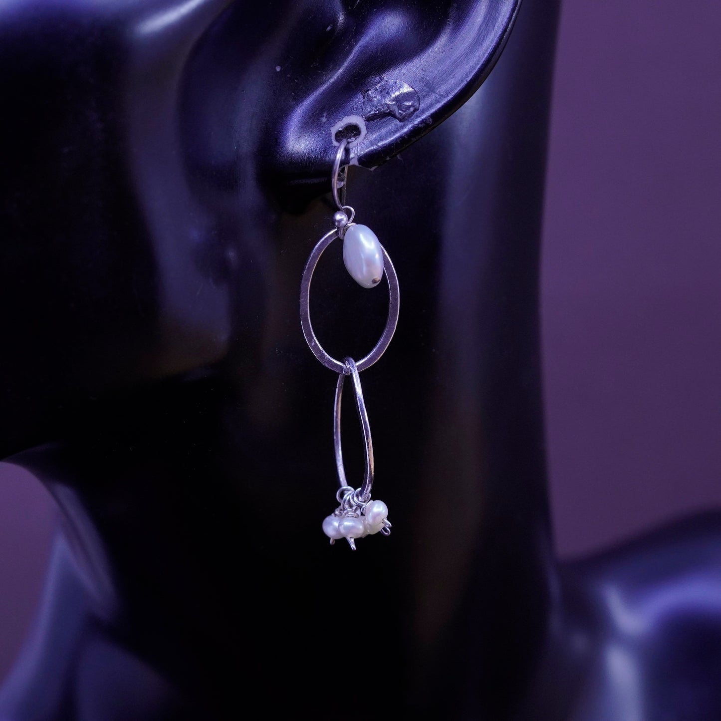 Vintage Sterling 925 silver handmade oval earrings with cluster pearl